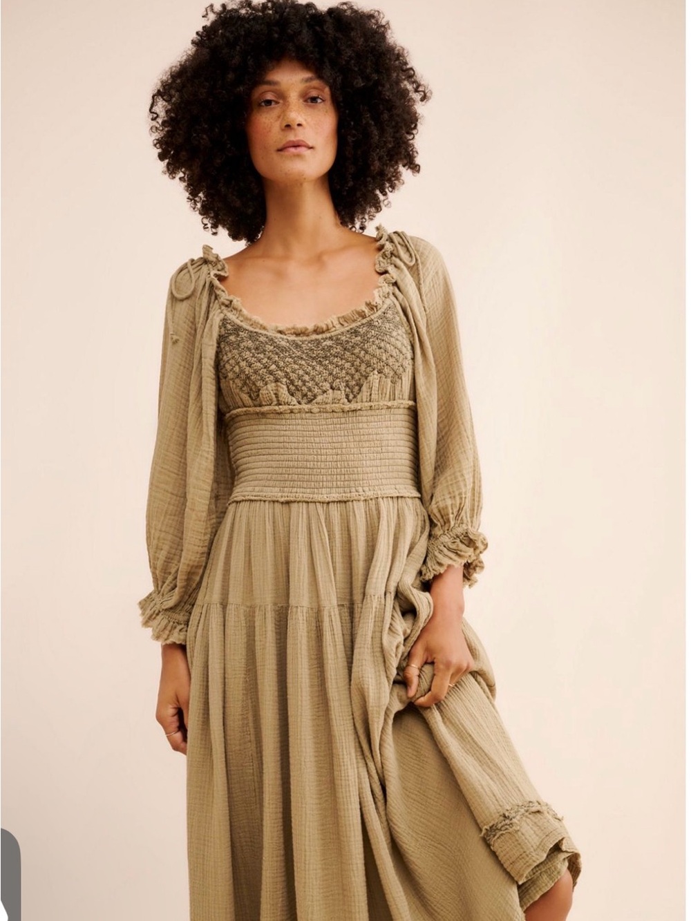 We the free, Bohemian Smocked Waist Maxi Dress in Olive Taupe